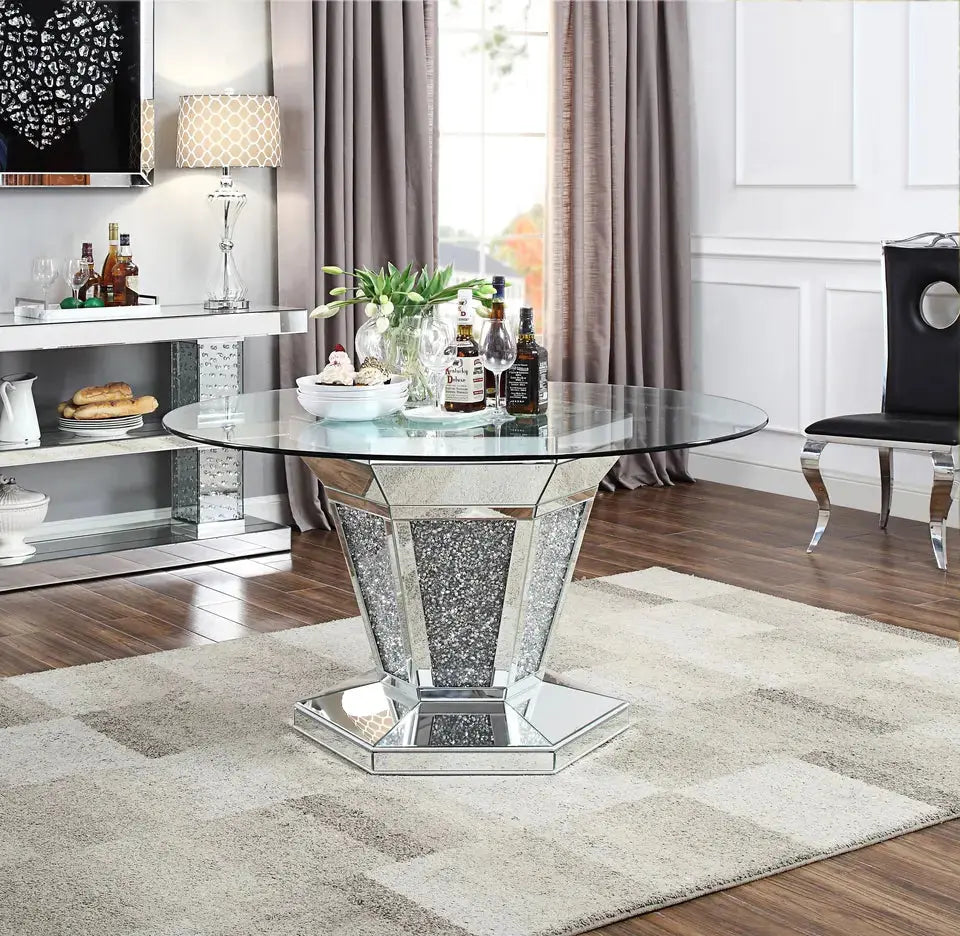 Circular dining table tempered glass surface, adorned with a captivating crushed diamond design. Tarlee