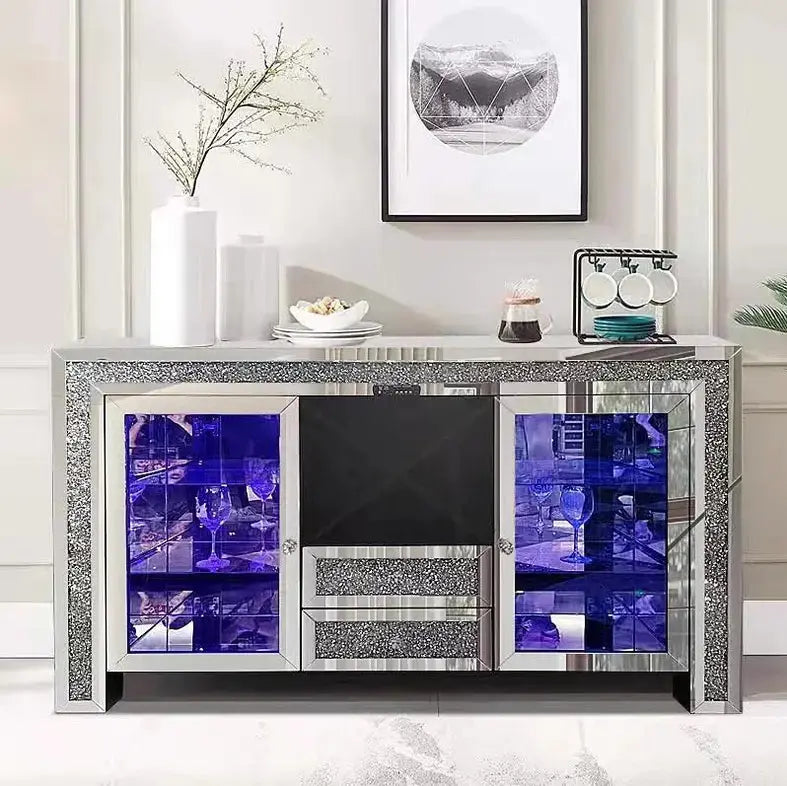 Mirrored Diamond Sideboard LED Wine Cabinet or Storage Unit Tarlee