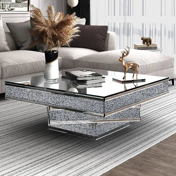 3 Tiered Crushed Diamond Mirrored Coffee Table Tarlee