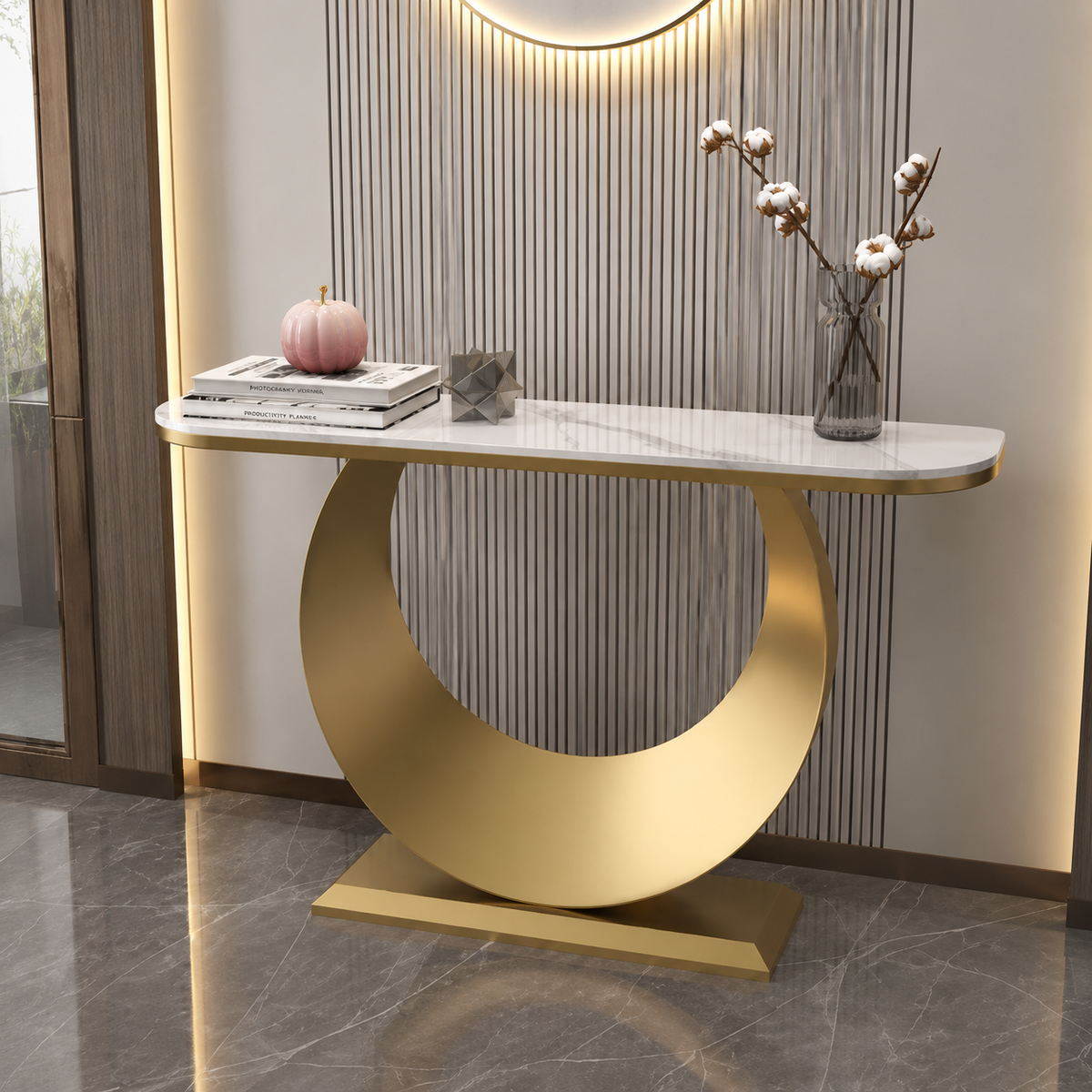Luxury White Sintered Stone Console Table – Round Base, High-Quality D ...