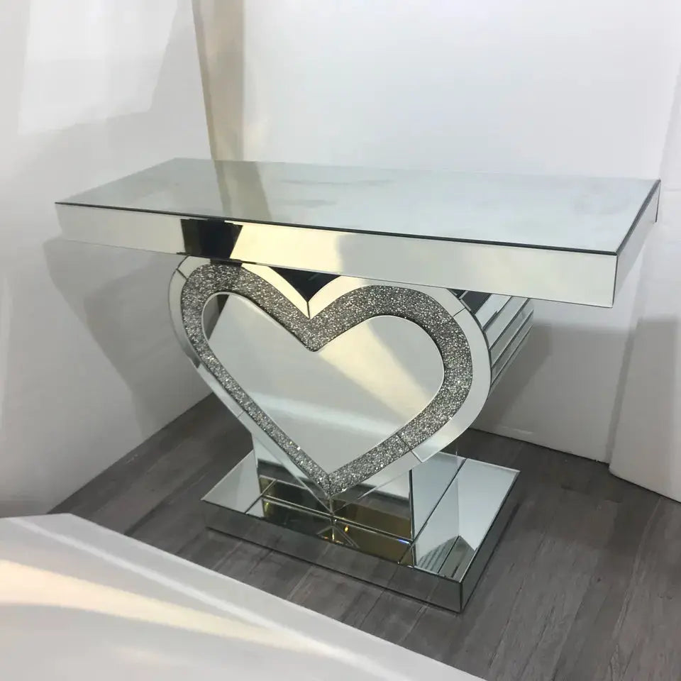 Heart Shaped Diamond Crush Mirrored Console Table TARLEE