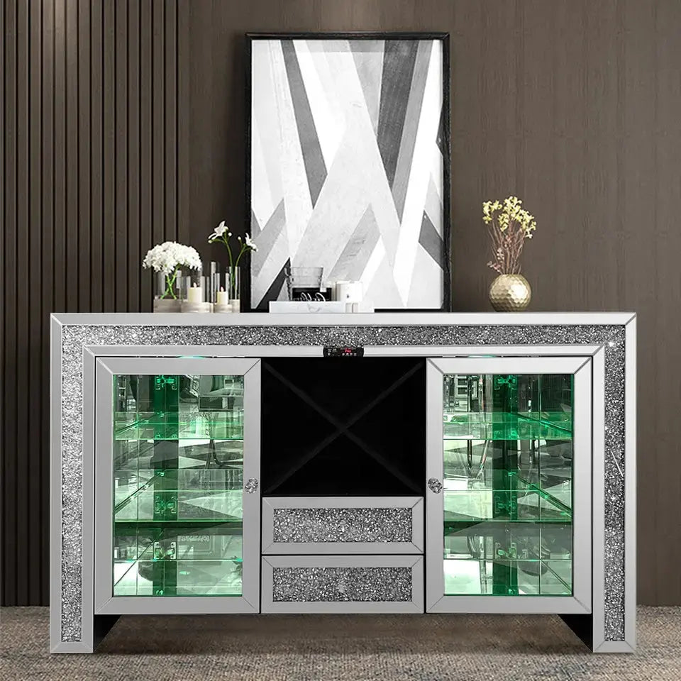 Mirrored Diamond Sideboard LED Wine Cabinet or Storage Unit TARLEE