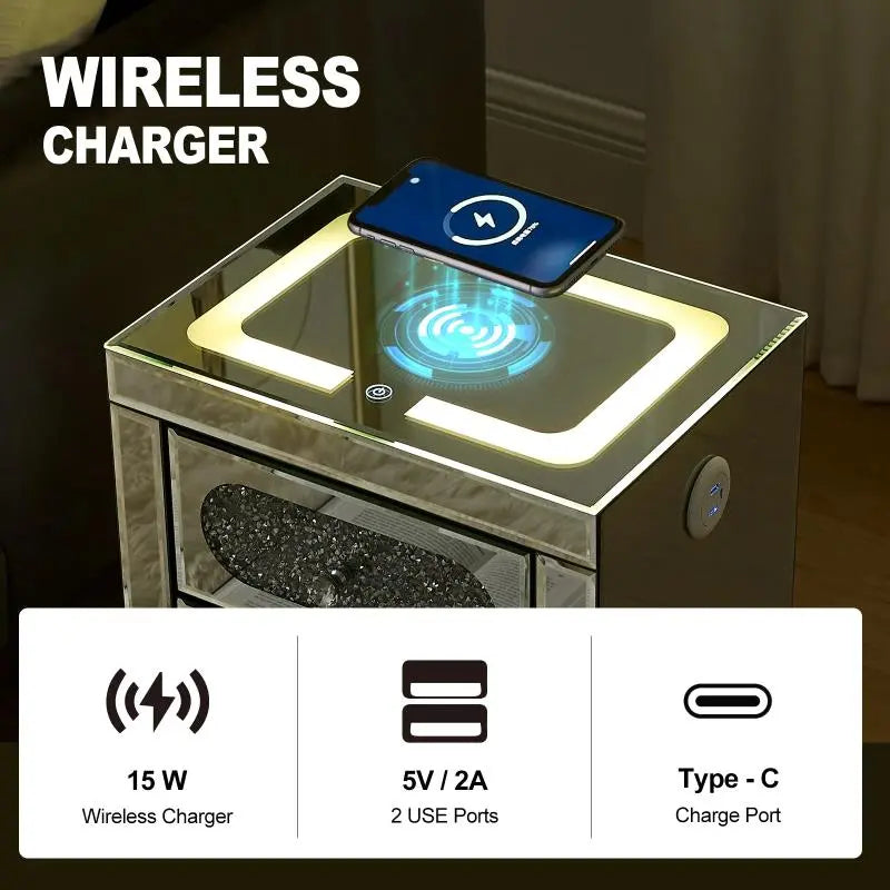 Mirrored nightstand with wireless charging and USB output Tarlee