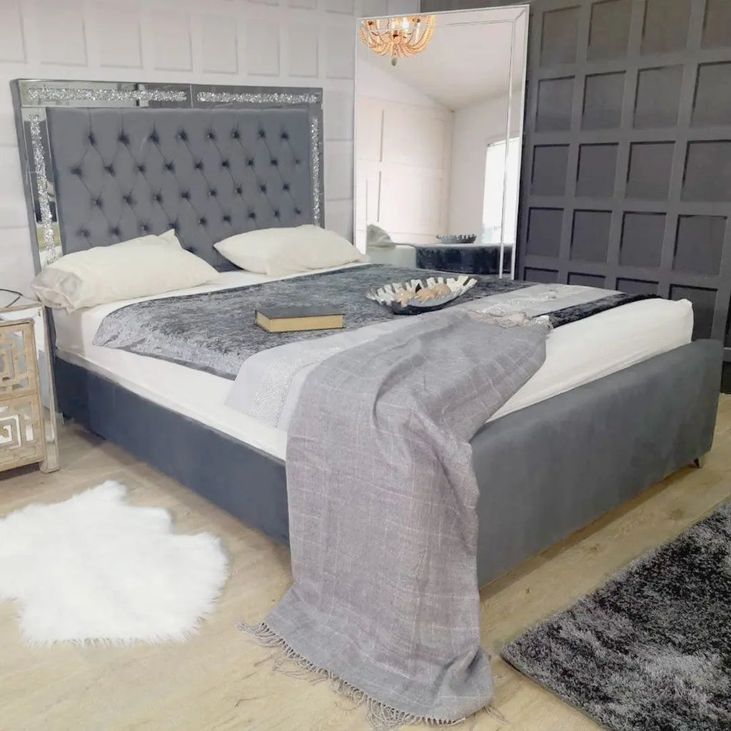 Plush velvet bedframe with crystal borders in a luxurious and glamorous choice Tarlee