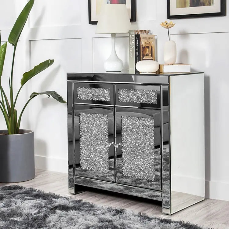 Silver Mirrored Diamond Crush 2 + 2 Chest of Drawers with Crystal Handles Tarlee